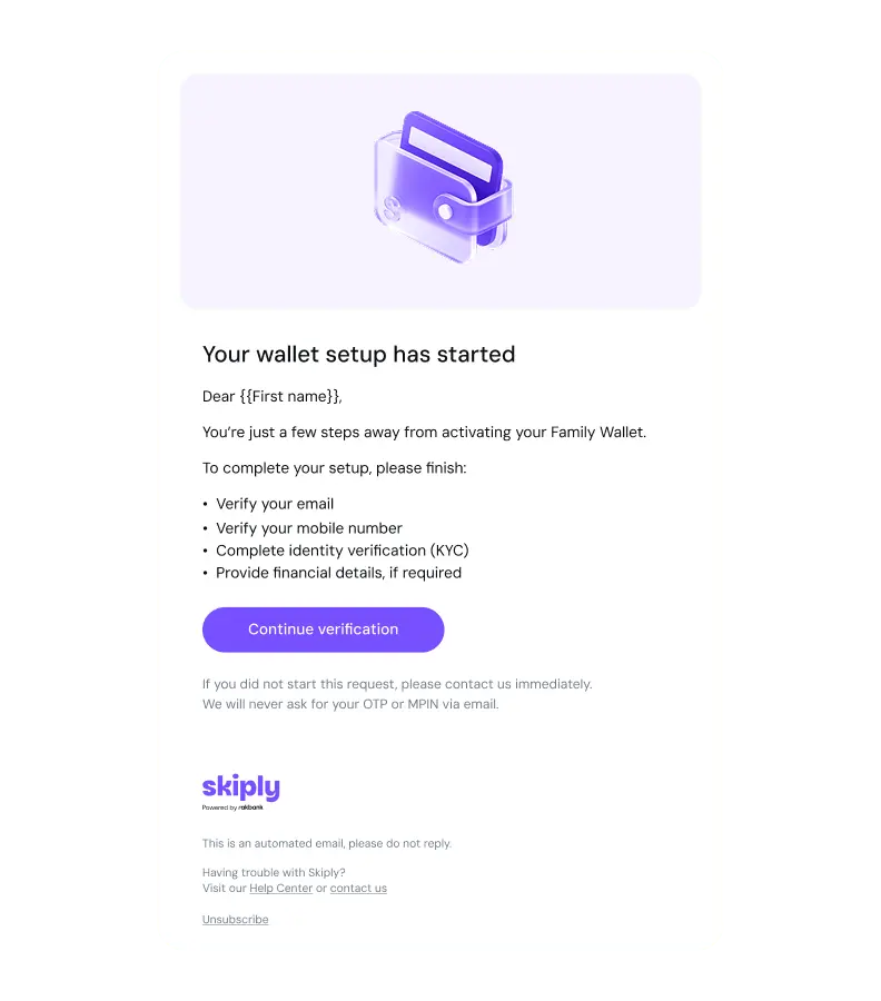 Skiply wallet setup email template