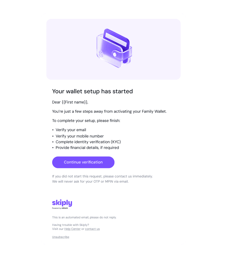 Skiply wallet setup email template